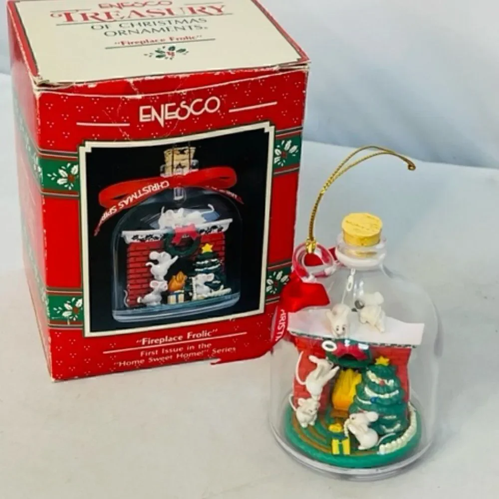 1990 1991 Enesco Mouse Mice Fireplace Frolic Christmas Ornament Home Sweet Home
